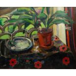 Edward Wolfe (1896/97-1981) still life on a table with floral cloth, oil on canvas, signed lower