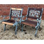 A pair of modern painted cast iron framed 'Berkeley Forge' garden chairs with hardwood slats, 56cm
