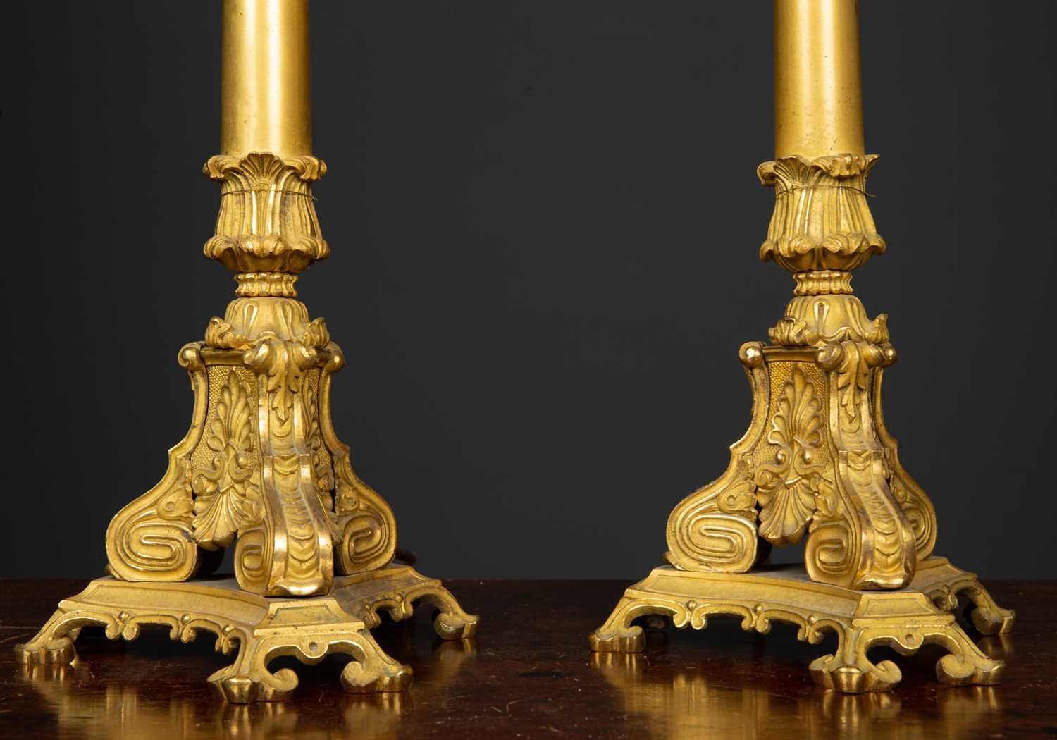 A pair of table lamps constructed from ormolu candlesticks with three scrolling branches and cast - Image 2 of 3