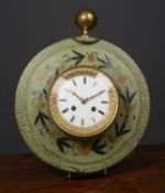 A French 19th century green painted toleware wall clock the circular case with ring suspension and