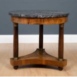 An empire style continental low marble-topped Gueridon on three column base, 60cm diameter x 56cm