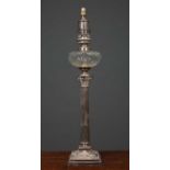 A Victorian silver plated oil lamp base of classical Corinthian column form with cut glass