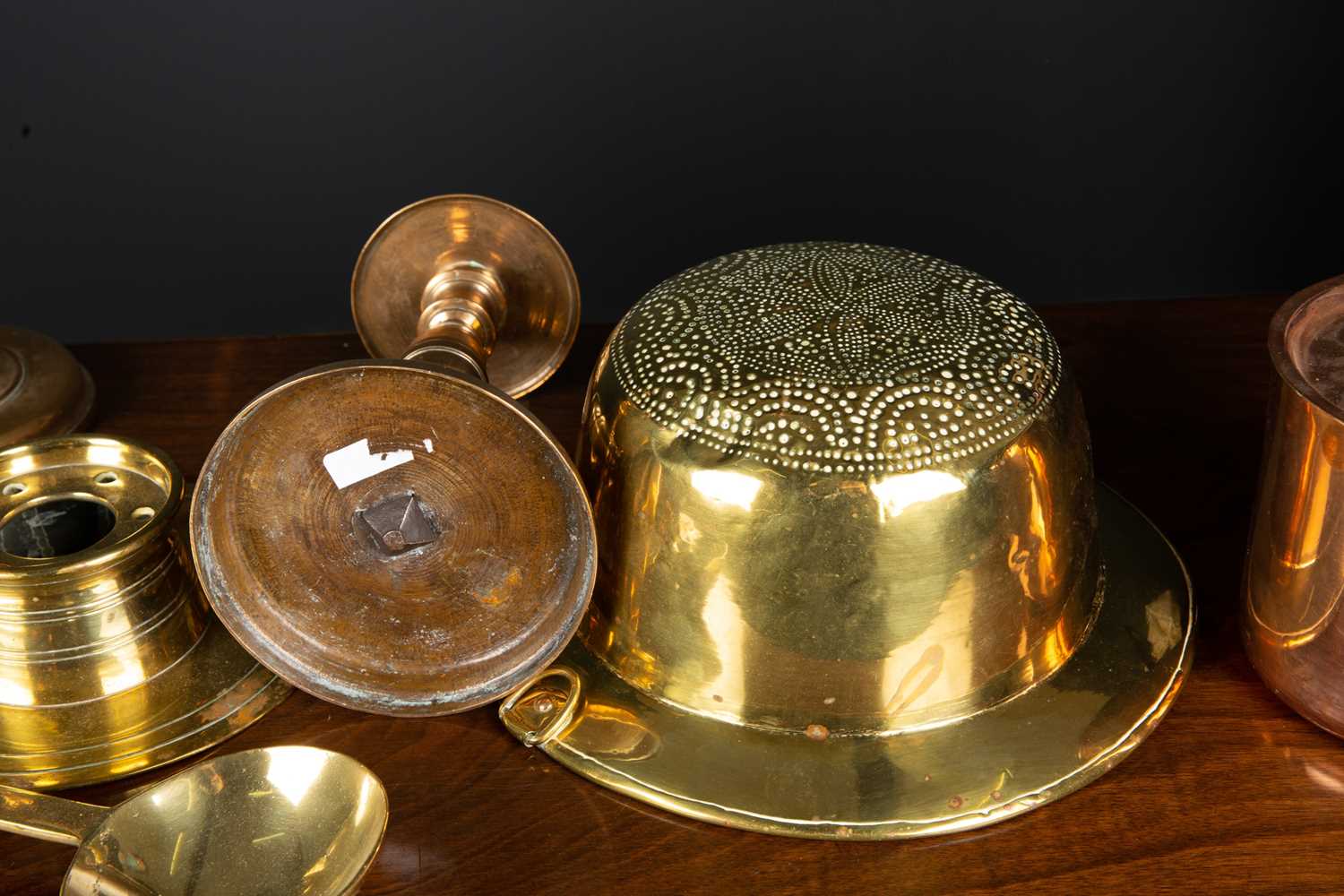 A brass capstan inkwell, 19cm diameter x 5cm high, together with further metalware comprising; a - Image 2 of 2