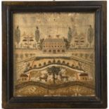 An 18th century woolwork sampler of a house in a landscaped garden, glazed and in black painted