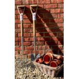A Joseph Bentley stainless steel garden spade and fork set, 100cm high, together with a selection of