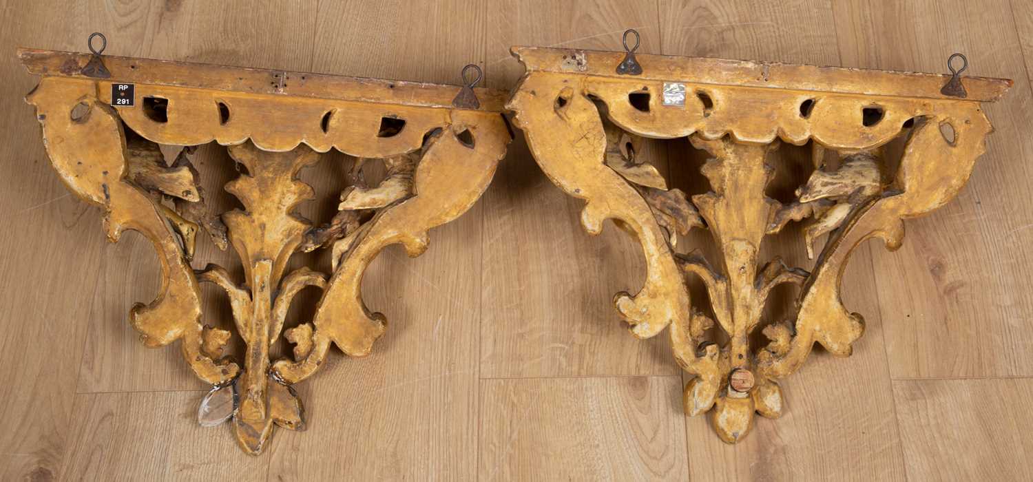 A pair of 19th century continental gilt carved wood wall brackets decorated with cherubs - Image 2 of 2