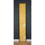A painted canvas wall hanging in giltwood frame, the yellow ground decorated with cherry blossom and