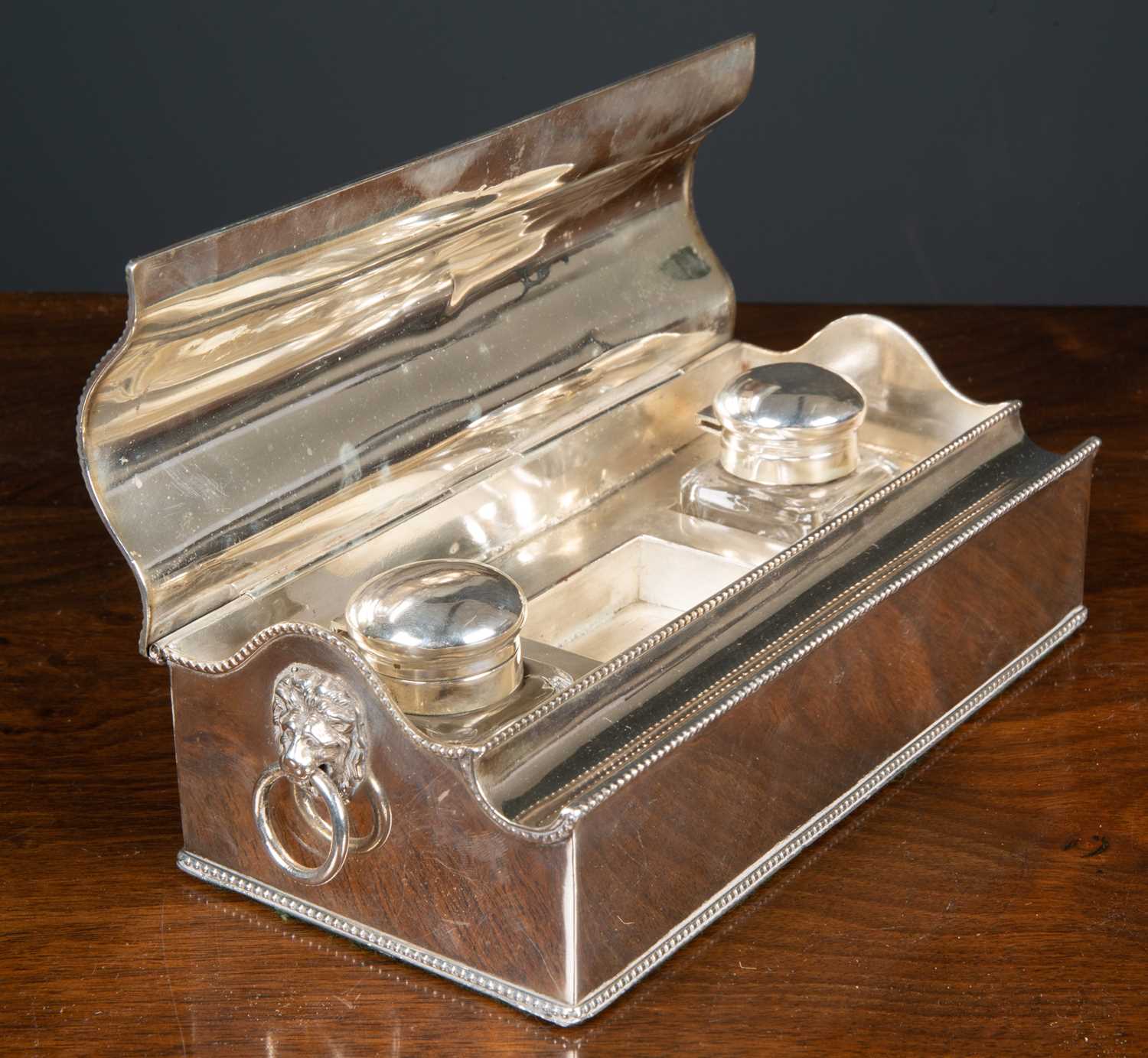 A 19th century silver plated casket form desk stand, containing two cut glass and silver plated - Image 2 of 4