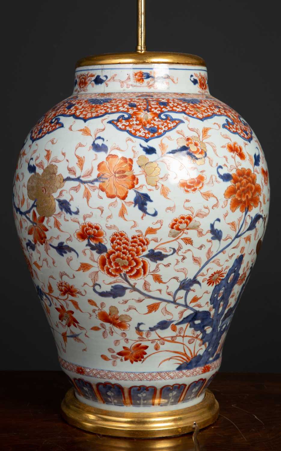 An antique porcelain large baluster jar converted to a table lamp, in imari colors, the white ground - Image 2 of 4