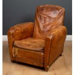 A Leather Club armchair, 80cm x 80cm x 83cmQty: 1Condition report: The leather very worn, cracked
