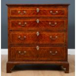 A yew wood inlaid chest of four graduated drawers on carved bracket feet, 91cm wide x 43cm deep x