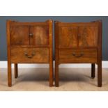 A near pair of George III mahogany night cupboards, the galleried top above pair of doors and single