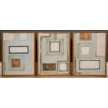 A set of three art pottery ceramic tile pictures, with abstract incised and relief square designs,