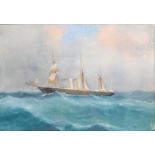 An early 20th century three masted steam ship with stormy sea, gouache on paper, 30cm x 44cm, framed