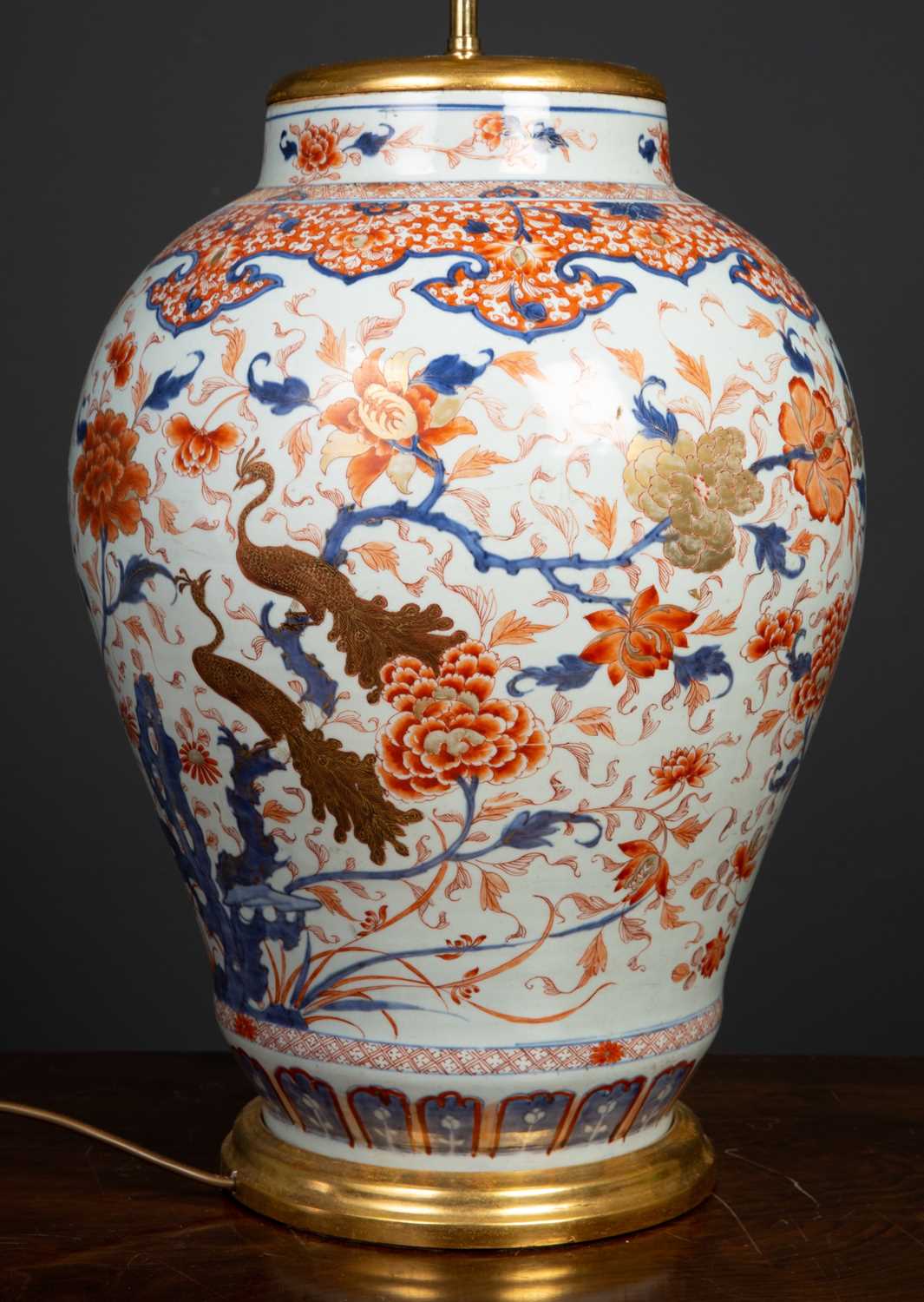 An antique porcelain large baluster jar converted to a table lamp, in imari colors, the white ground - Image 3 of 4