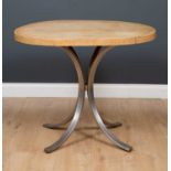 An oval oak topped garden table, on stainless steel pedestal base, 88cm wide x 94cm deep x 76cm