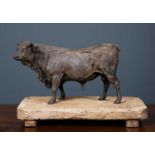 An antique cast iron sculpture of a prize bull mounted on a wooden base, possibly a butcher's model,