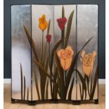 An Art-Deco style double sided four-fold screen, the one side decorated with large embossed tulips