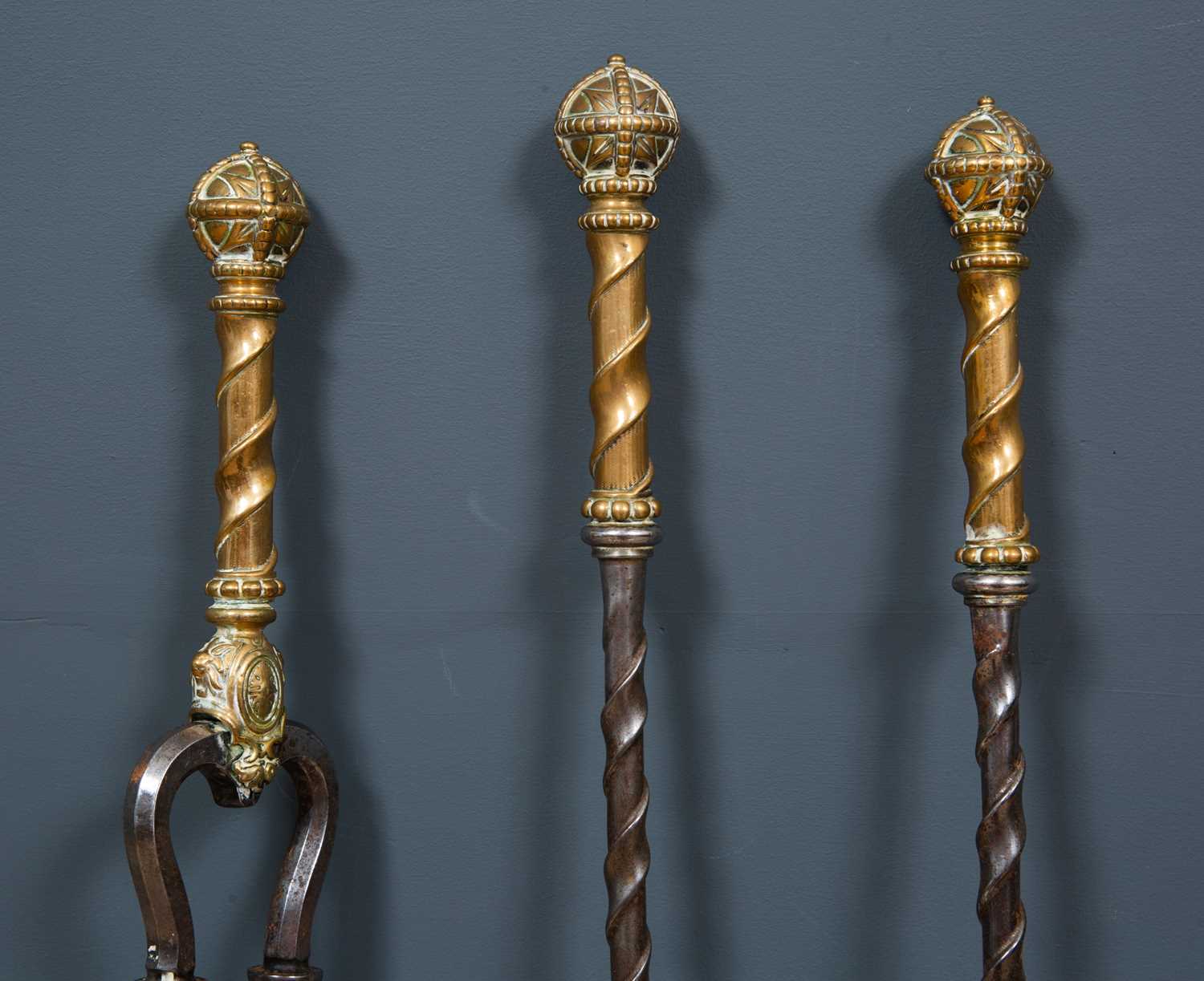 A set of 19th century brass and steel fire irons with pierced shovel, ribbon twisted stems and - Image 2 of 4