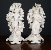 A pair of late 18th century Plymouth porcelain figures, formed as a man and a woman each holding a