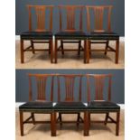 A matched set of six George III and later mahogany dining chairs with pierced splats and green