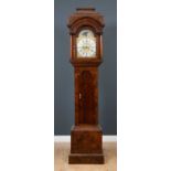 A George III burr walnut cased eight day longcase clock, the hood with possibly later blind fretwork