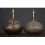 A pair of stylised bird decorated ceramic table lamps of ovoid form, 26cm diameter x 35cm high to