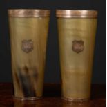 A pair of Victorian silver mounted horn beakers of large proportions, each 11.3cm diameter x 23cm