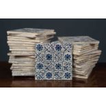A box of approximately forty-five Victorian Maw & Co. tiles, Floreat Salopia with blue and white