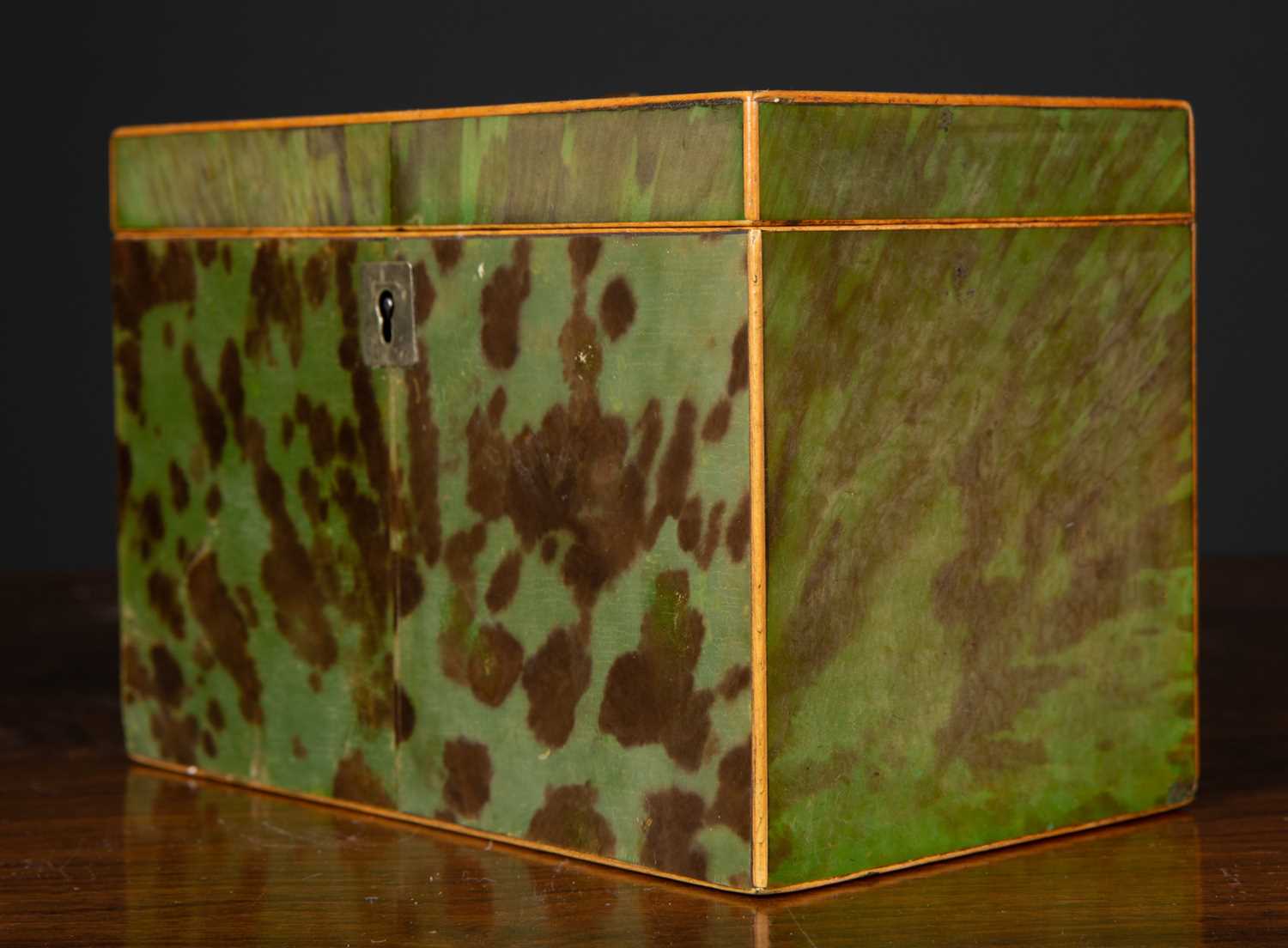 A George III green stained tortoise shell tea caddy of plain form with silver plated ring handle - Image 2 of 7
