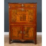 A 19th century French secretaire a abattant with marble top, the etched and inlaid decoration on the