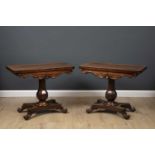 A pair of early Victorian rosewood fold over card tables with green baize tops, octagonal baluster