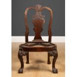 A miniature Queen Anne style walnut side chair, on cabriole supports decorated with acanthus