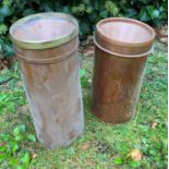 A copper rain gauge with brass rim, 13cm diameter x 31cm high together with a further smaller rain