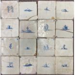 Fifty eight antique Dutch delft tiles with decoration including buildings, people and animals,