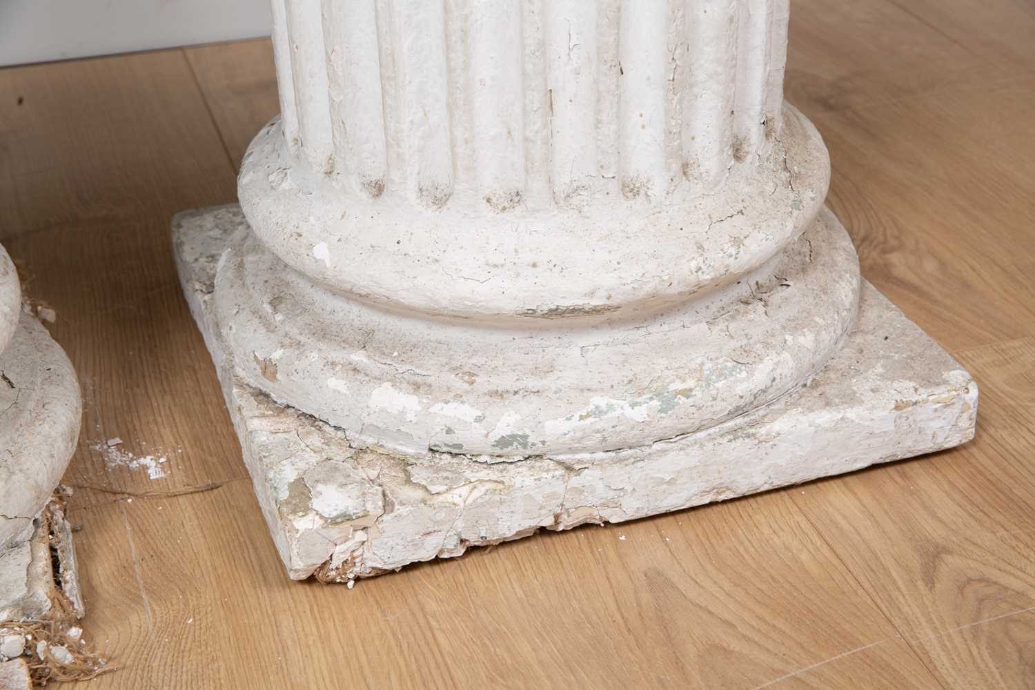 A pair of 19th century white painted tapered fluted plaster columns on plinth bases with Ionic - Image 3 of 7