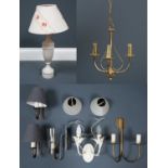A group of modern lighting comprising; two Jim Lawrence grey metal wall lights, with shades, 17cm, a