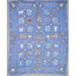 An early 20th century silk embroidered hanging of Religious theme with geometric flowers, birds,