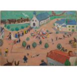Two naive style 20th century paintings, one of a small town, oil on board, 30cm wide x 25cm high,