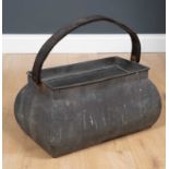 A 19th century tinned metal and leather handled live fish carrier with a pierced lid, 52cm wide x