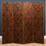 An arch topped embossed and painted leather covered four fold screen, with floral and foliate