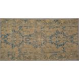 An antique Spanish yellow and blue ground woollen rug 270cm x 160cmCondition report: Extensive wear,