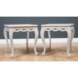 A pair of contemporary light grey painted side tables with pierced friezes and reeded cabriole legs,