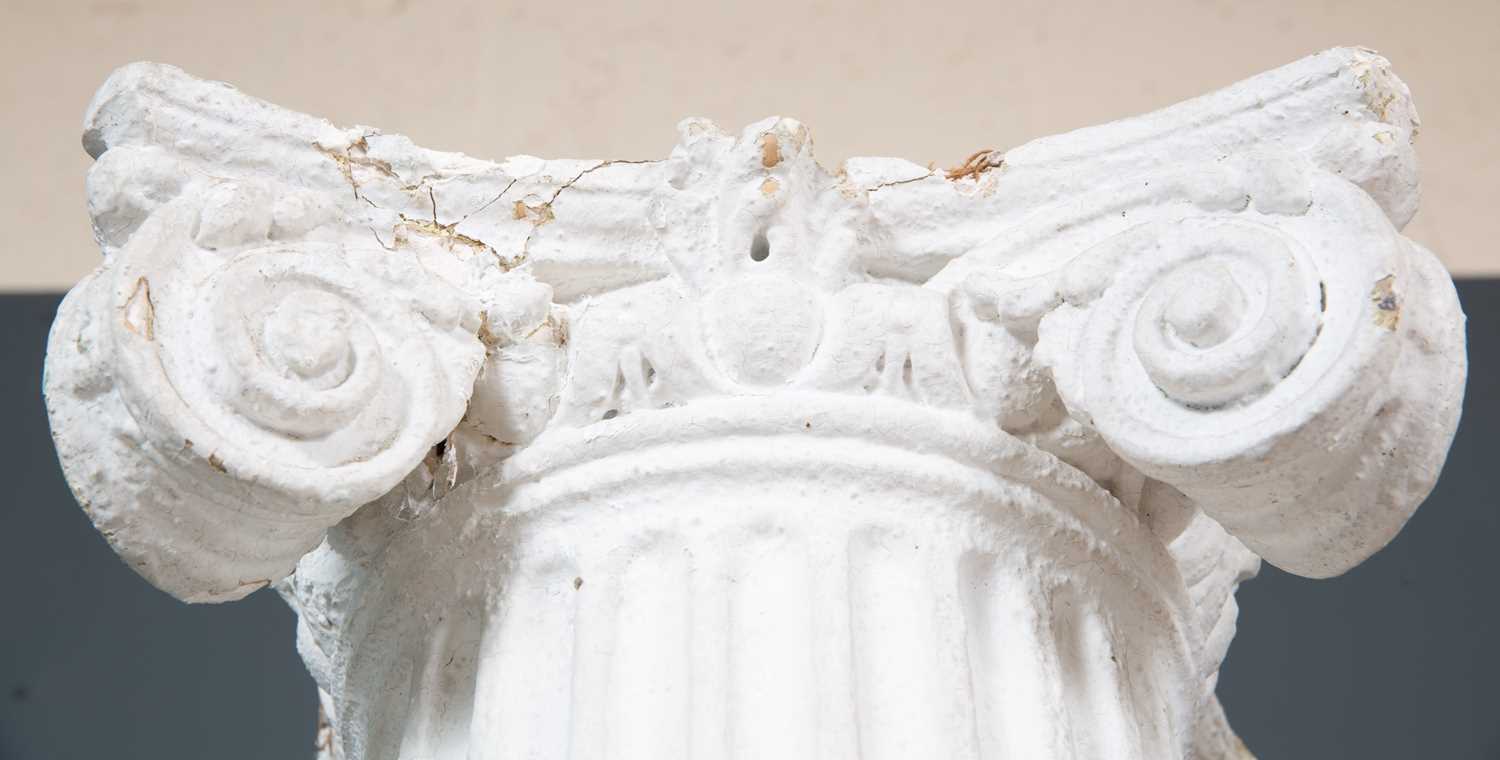 A pair of 19th century white painted tapered fluted plaster columns on plinth bases with Ionic - Image 5 of 7