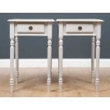 A pair of grey painted square topped side tables with reeded tapering legs, each with a frieze