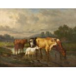 Victor Emile Cartier (b.1811-d.1866), Cattle watering in a stream joined by a goat, oil on canvas,