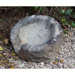 An ancient Mortar Stone with shallow interior, found in Lancaster, 33cm diameter x 13cm