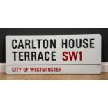Carlton House Terrace SW1, an enamelled City of Westminster original street sign, 106cm wide x