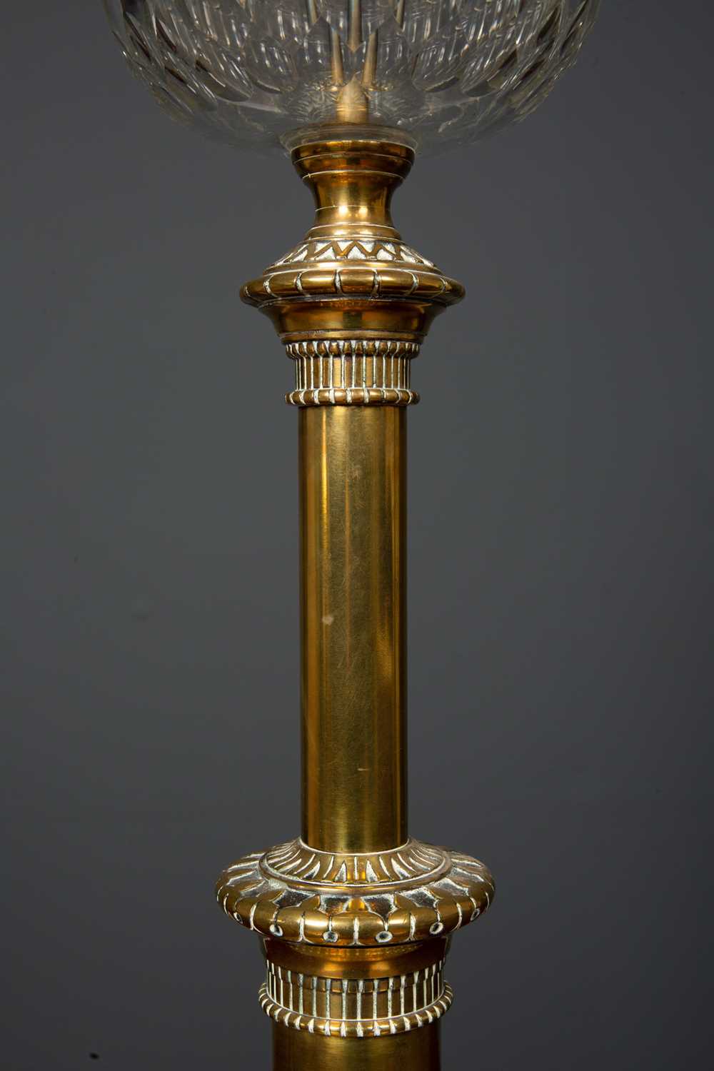 A Victorian brass based oil lamp with cut glass reservoir, later converted for use as an electric - Image 2 of 3