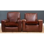 A set of three brown leather armchairs, the upholstered arms and seatbacks with velvet upholstered